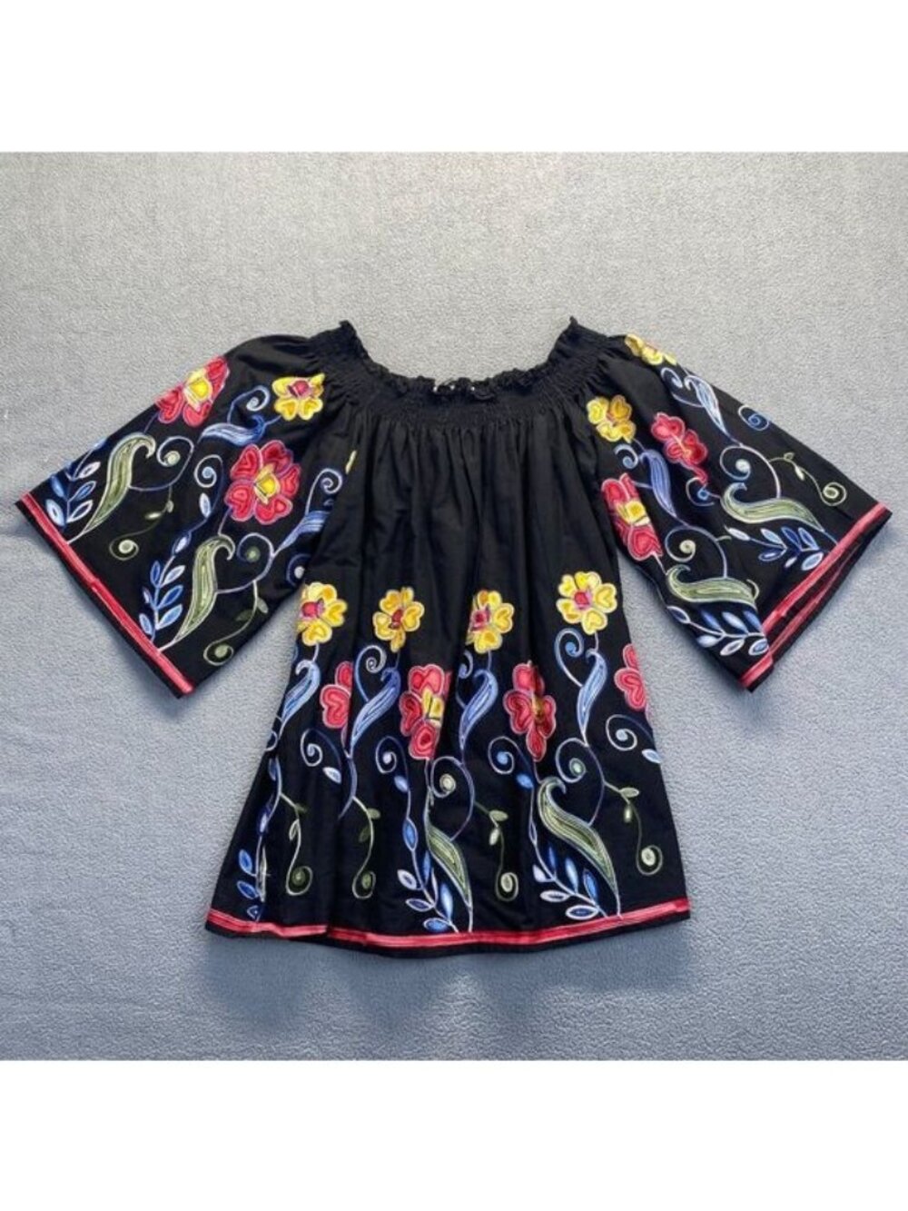 FERATILLI Black Floral Embroidered Off Shoulder Peasant Tunic Cotton Blouse Sz S